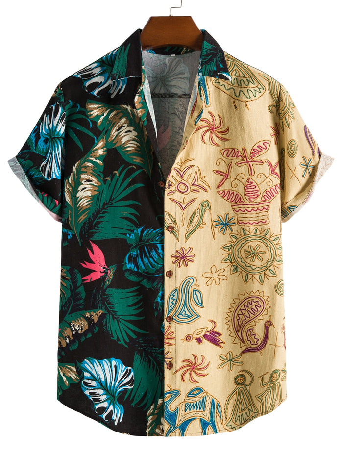 Men Tropical Print Color Block Linen Shirt