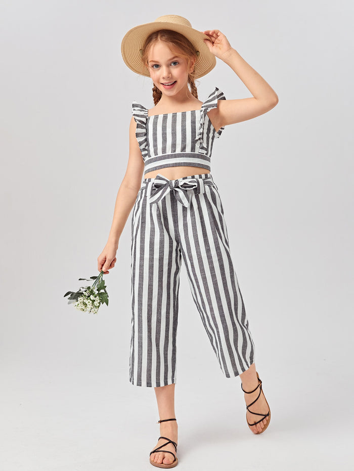 Girls Ruffle Armhole Striped Top and Tie Waist Pants Set Multicolor