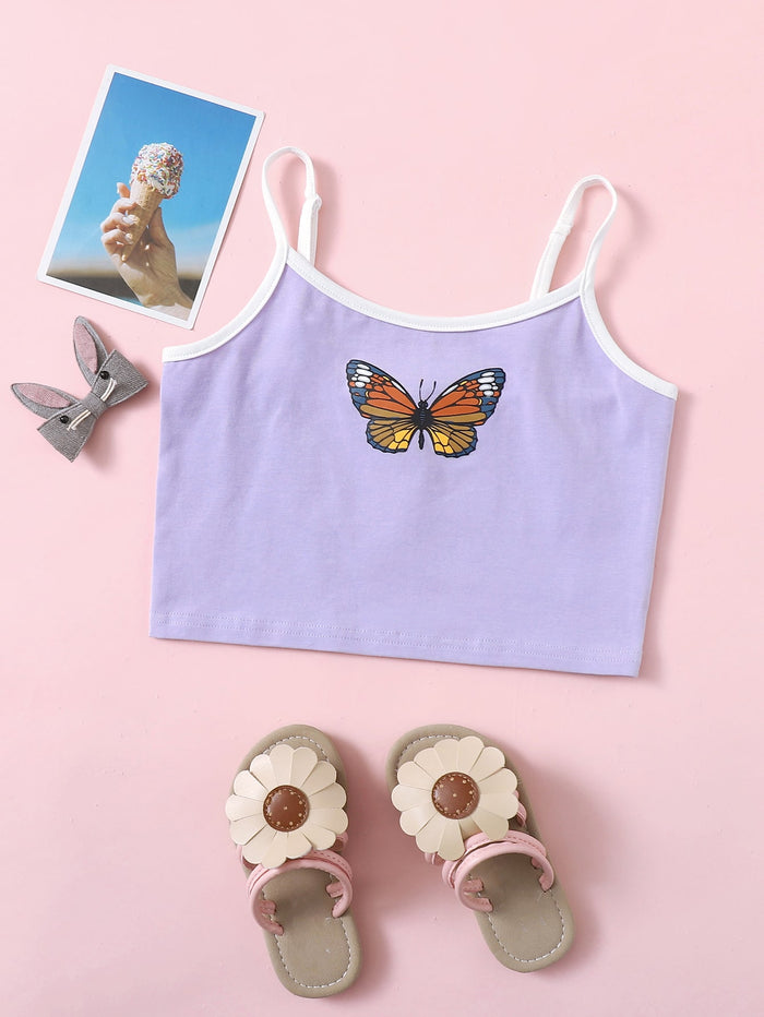 Girls Butterfly Print Contrast Binding Cami Top Pastel