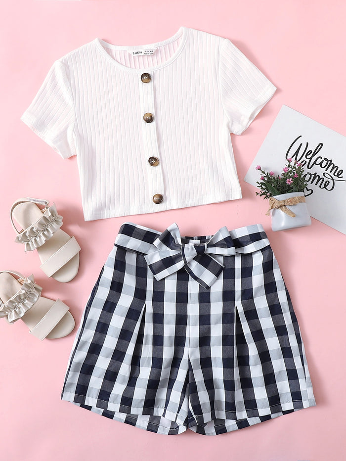 Girls Button Up Ribbed Tee & Belted Gingham Shorts Set Blue and White