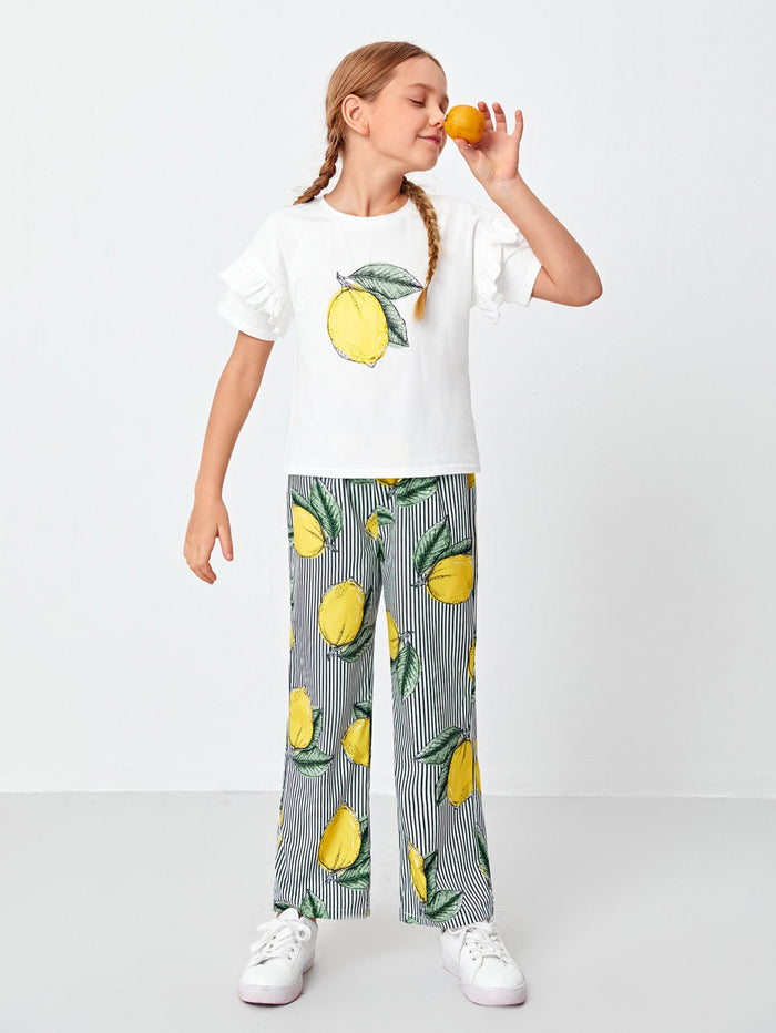Girls Ruffle Detail Lemon Print Top & Pants Set