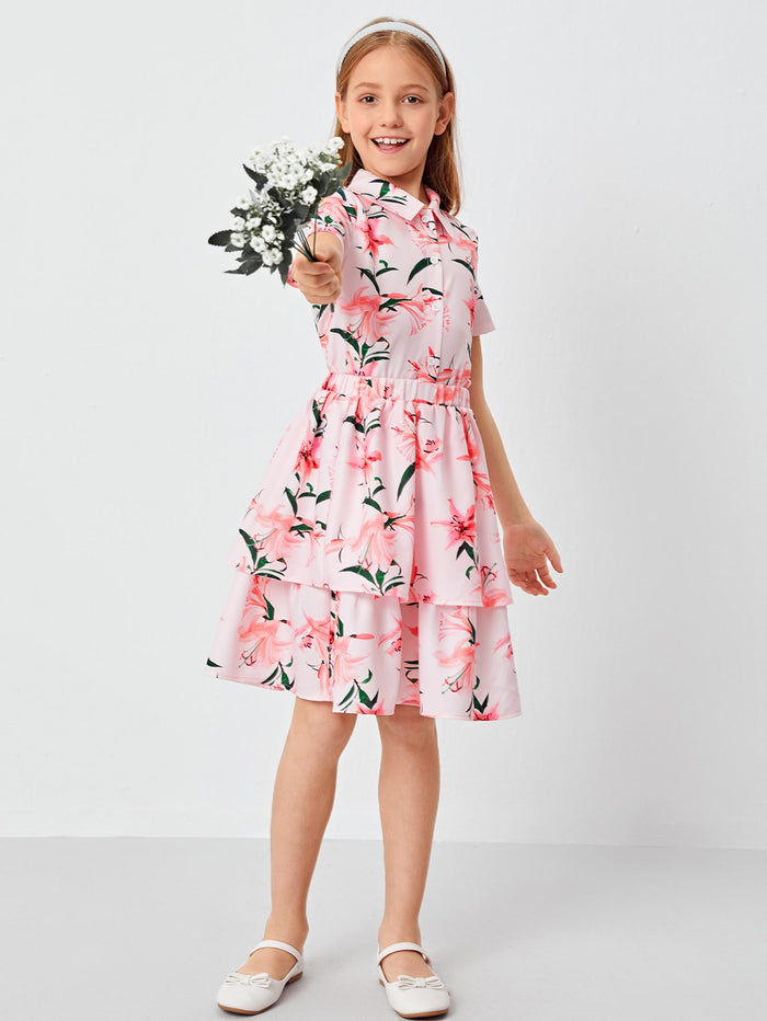 Girls Floral Print Blouse & Layered Ruffle Hem Skirt Set