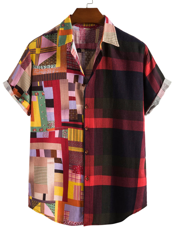 Men Patchwork And Gingham Print Linen Shirt