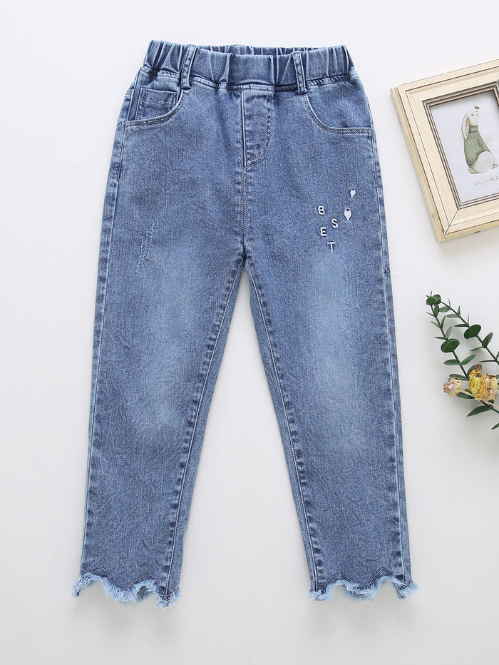 Toddler Girls Letter Embroidery Raw Hem Jeans