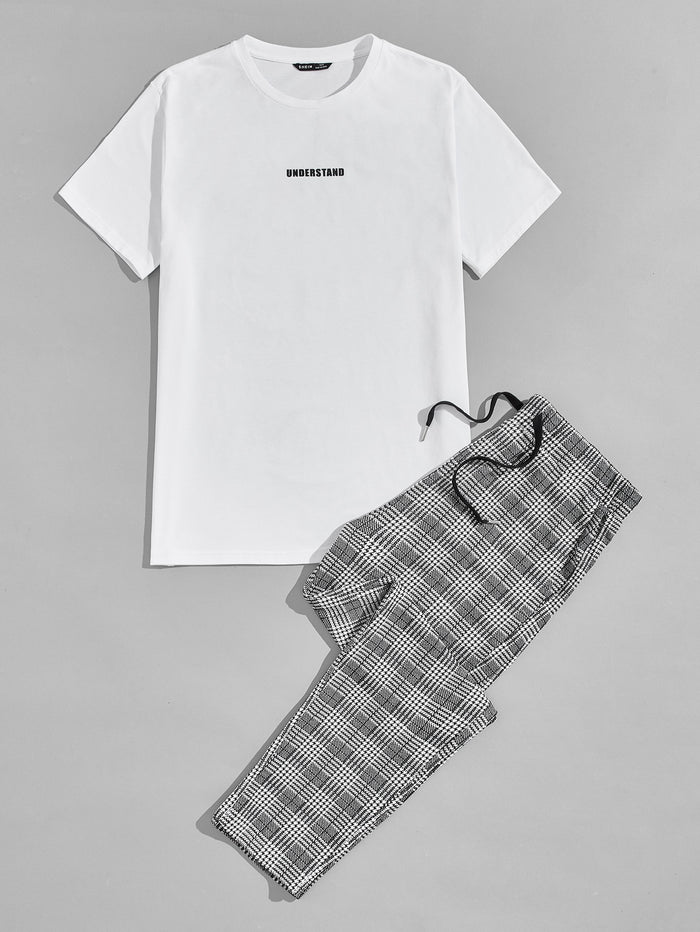 Men Letter Graphic Tee & Houndstooth Pants Set