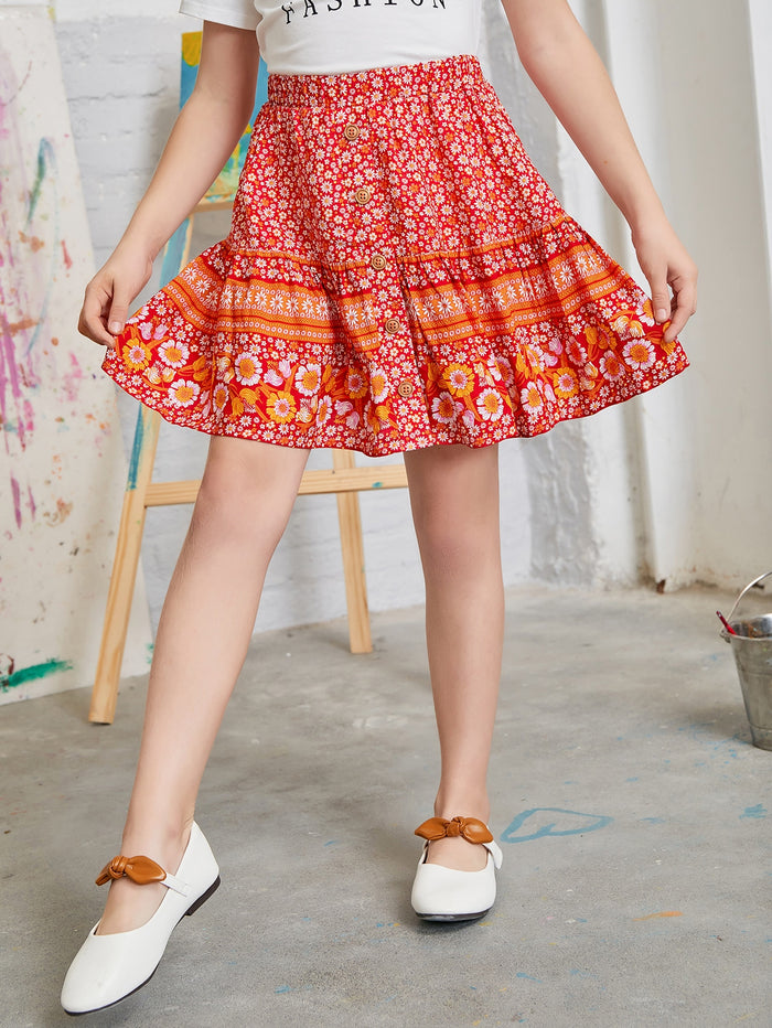 Girls Floral Button Front Skirt