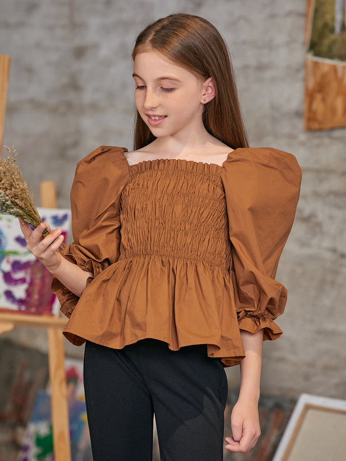 Girls Puff Sleeve Shirred Detail Peplum Top