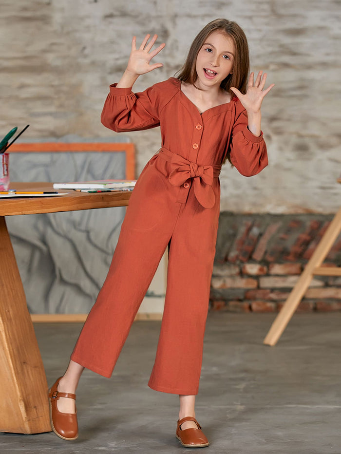 Girls Lantern Sleeve Belted Palazzo Jumpsuit