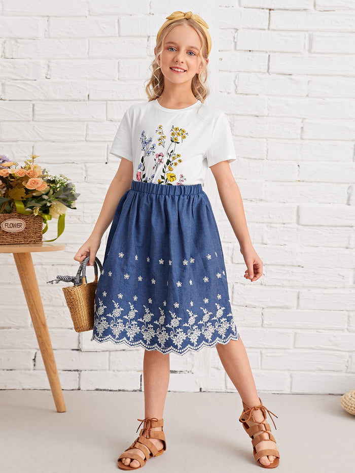 Girls Floral Print Tee and Eyelet Embroidered Detail Skirt Set