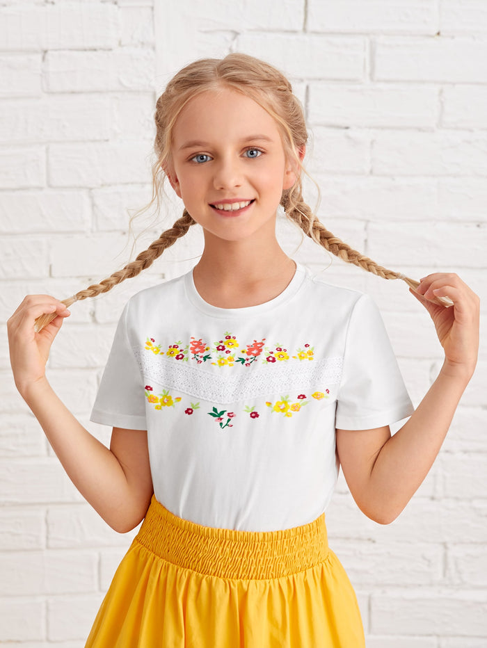 Girls Floral Print Guipure Lace Applique Tee
