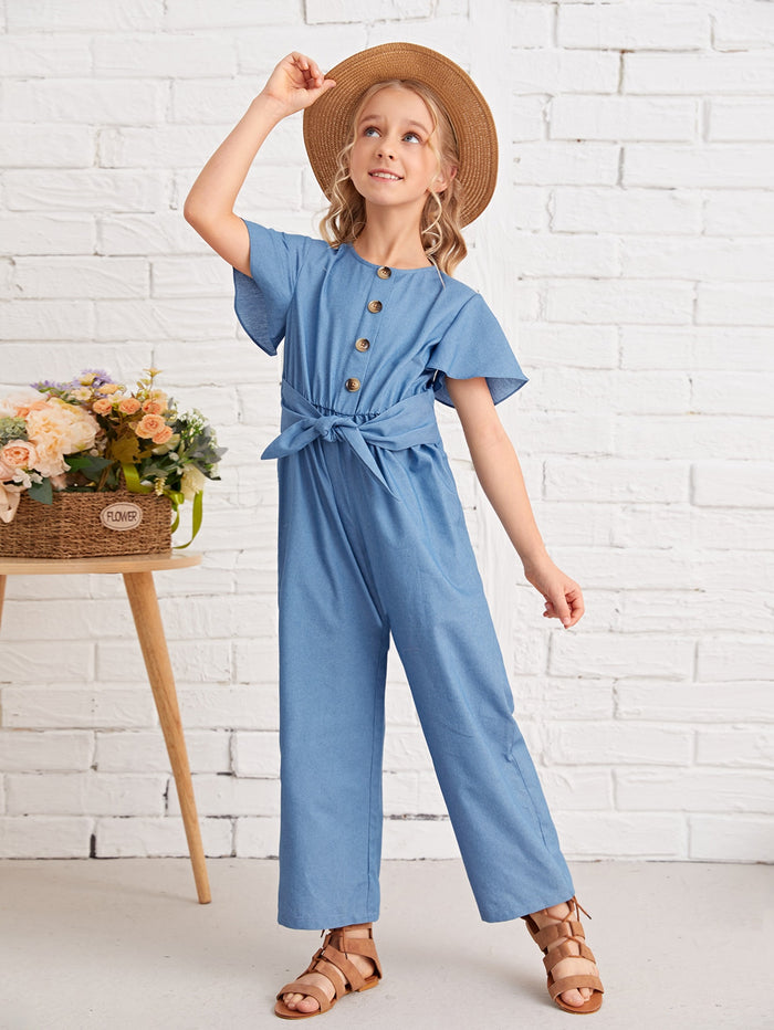 Girls Button Half Placket Tie Front Jumpsuit