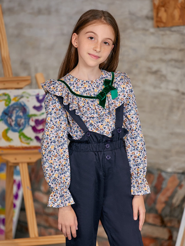 Girls Velvet Bow Detail Ruffle Trim Ditsy Floral Top