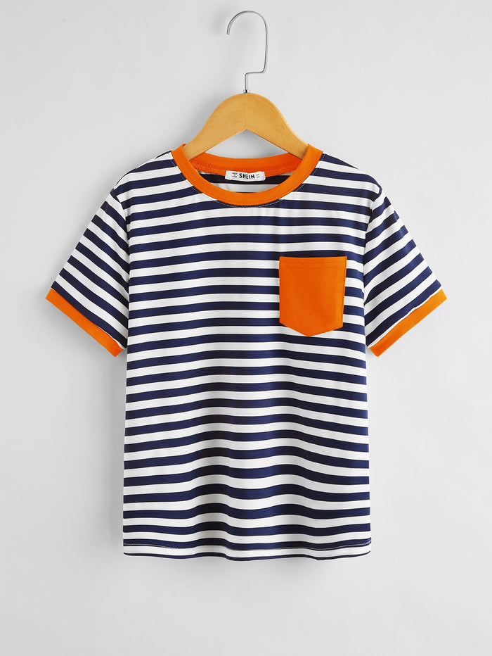 Boys Pocket Patched Striped Ringer Tee Blue and White