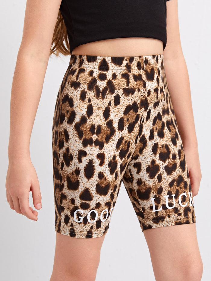 Girls Letter Graphic Leopard Legging Shorts