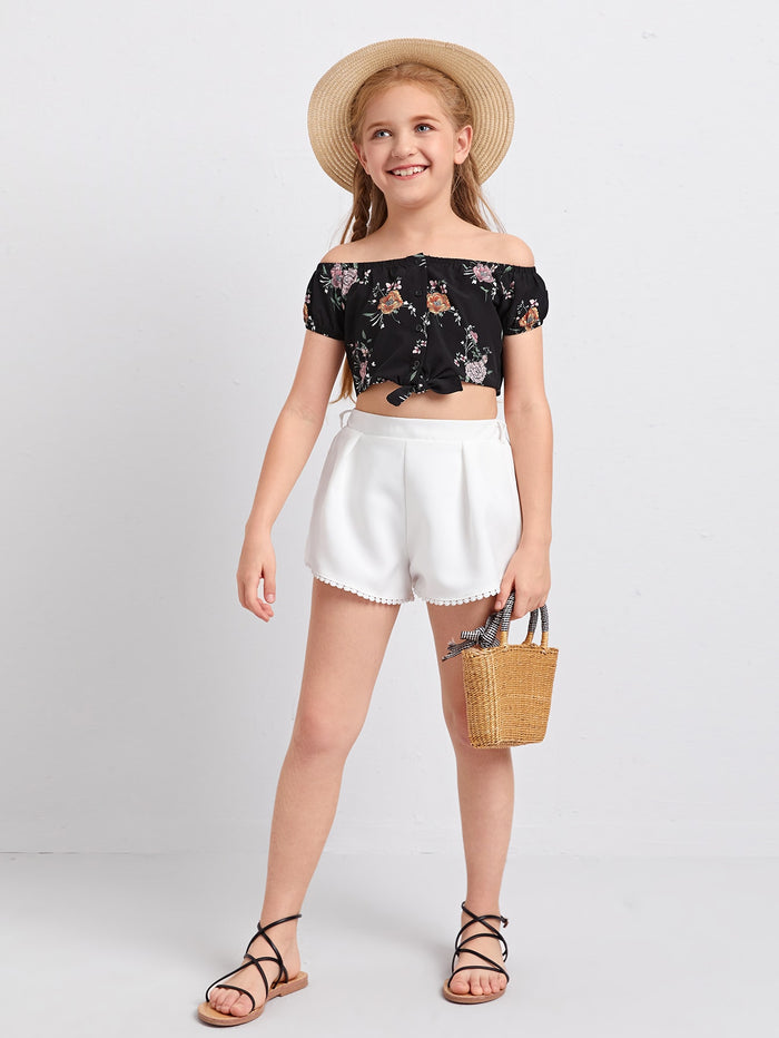 Girls Off Shoulder Knot Hem Floral Blouse