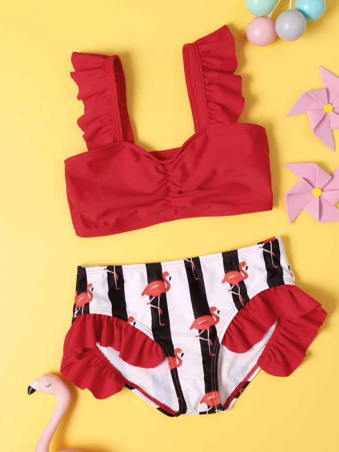 Toddler Girls Flamingo & Striped Ruffle Bikini Swimsuit Red