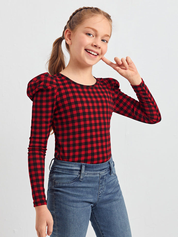 Girls Gingham Print Leg-of-mutton Sleeve Top Multicolor