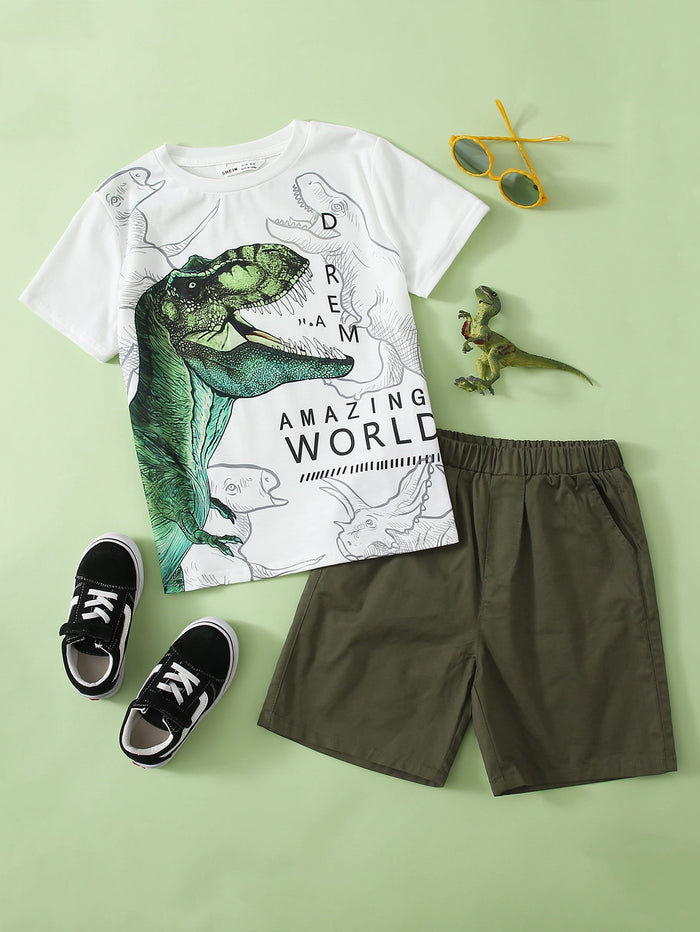 Boys Dinosaur and Letter Print Tee and Slant Pocket Shorts Set Multicolor