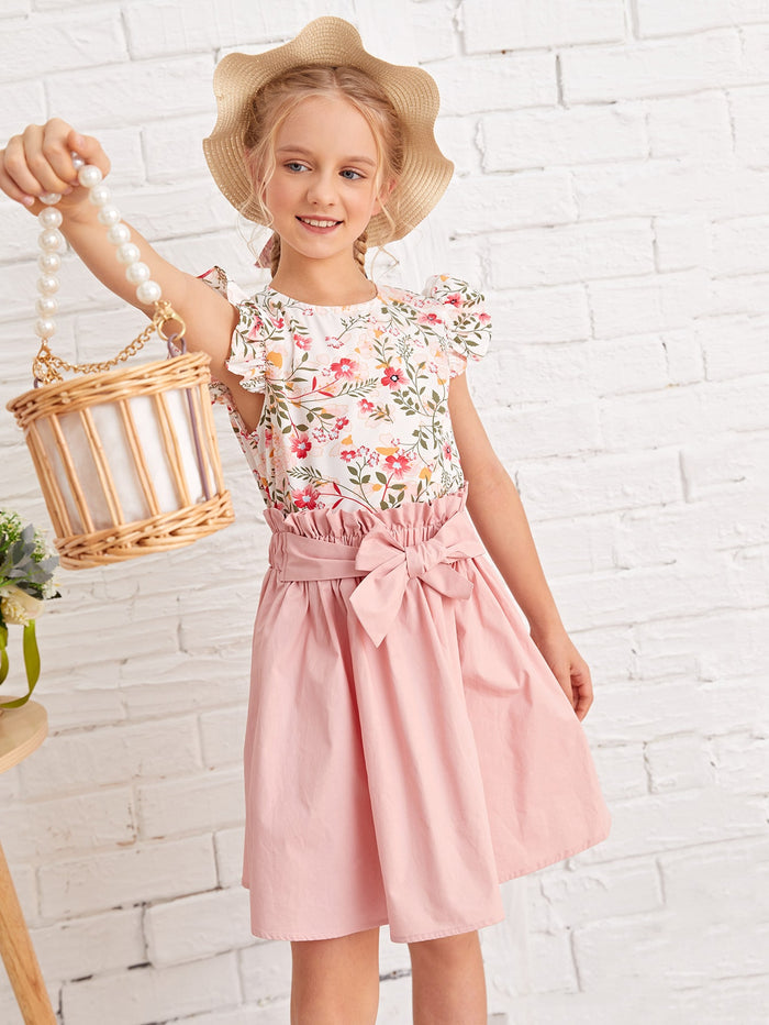 Girls Botanical Print Top & Paperbag Waist Skirt Set