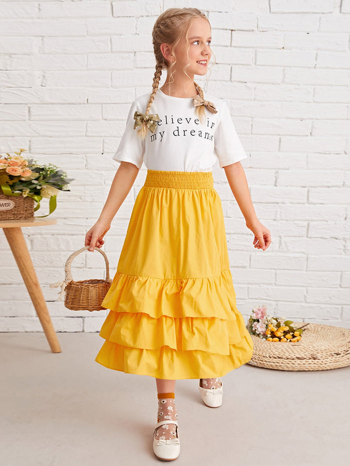 Girls Slogan Graphic Top & Layered Skirt Set