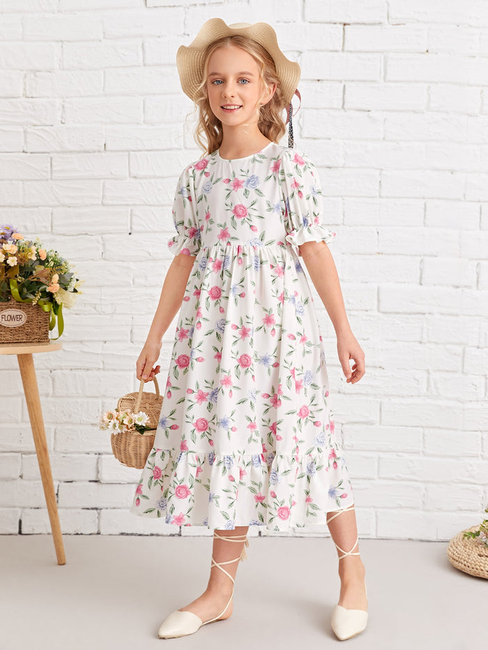 Girls Floral Flounce Sleeve Dress
