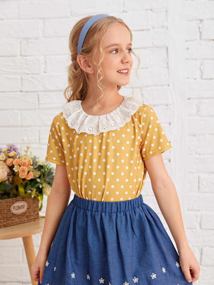 Girls Polka Dot Print Contrast Schiffy Embroidered Collar Tee