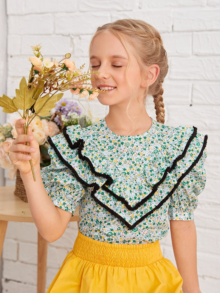 Girls Ditsy Floral Contrast Tape Puff Sleeve Top