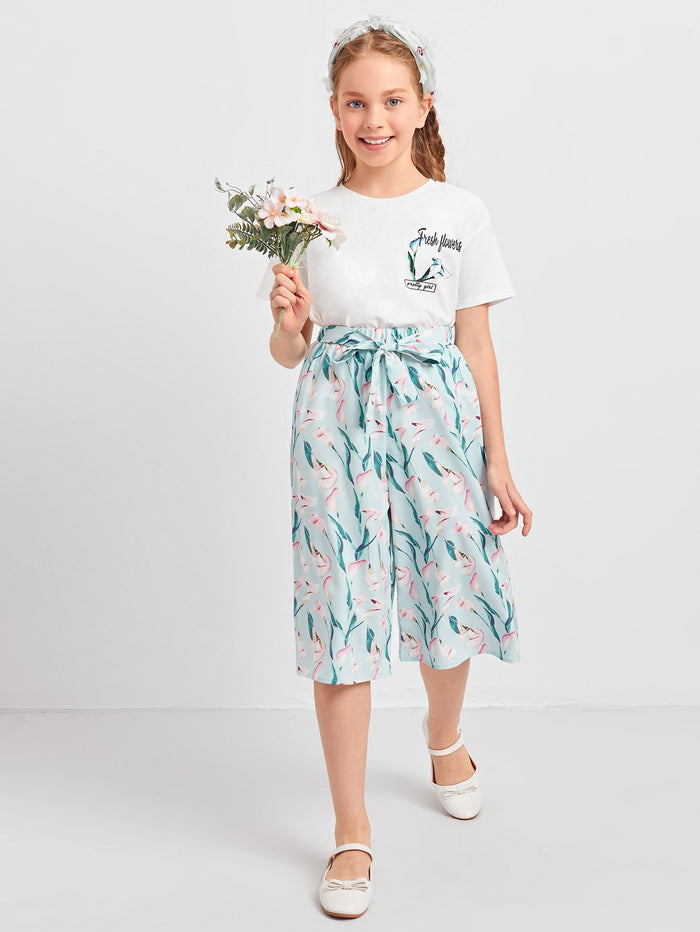 Girls Letter Graphic Floral Tee & Knot Front Pants
