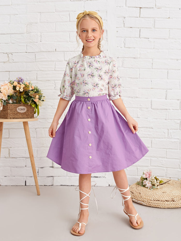Girls Floral Frill Neck Top & Button Front Skirt Set