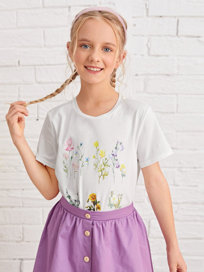 Girls Floral Round Neck Tee