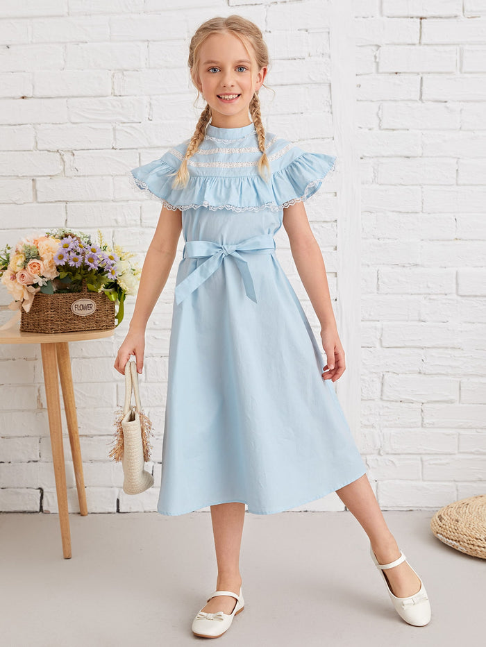 Girls Ruffle Trim Lace Panel Belted Dress