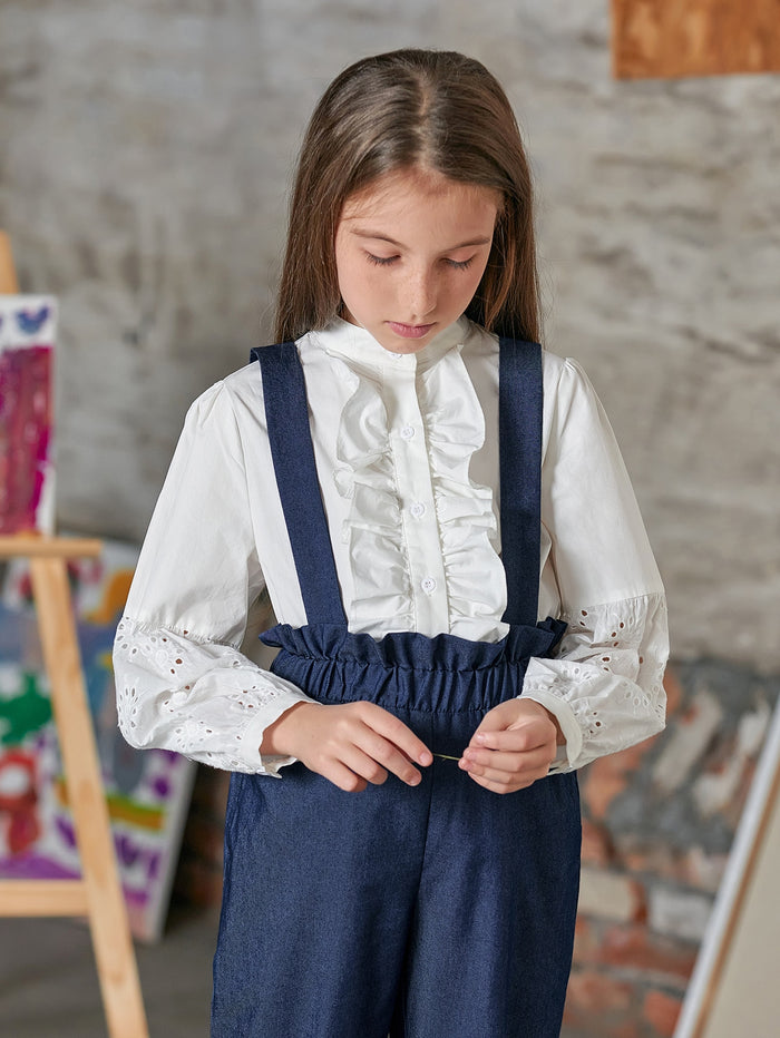 Girls Eyelet Embroidered Sleeve Ruffle Trim Blouse