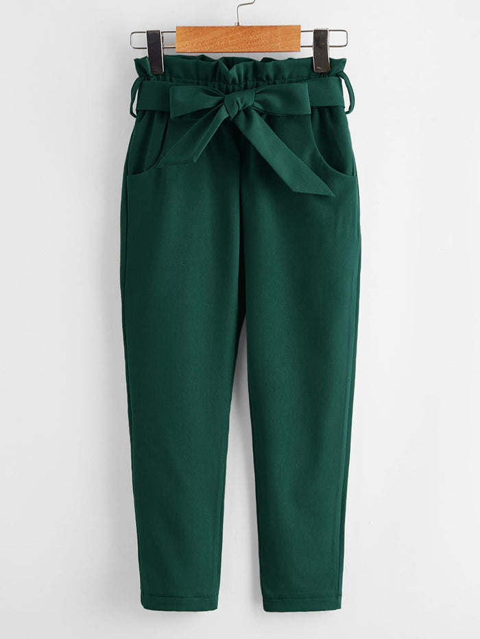 Toddler Girls Paperbag Waist Belted Pants Dark Green