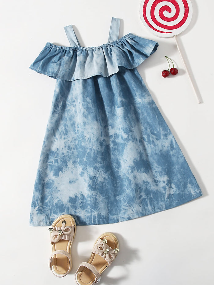 Toddler Girls Tie Dye Cold Shoulder Denim Dress
