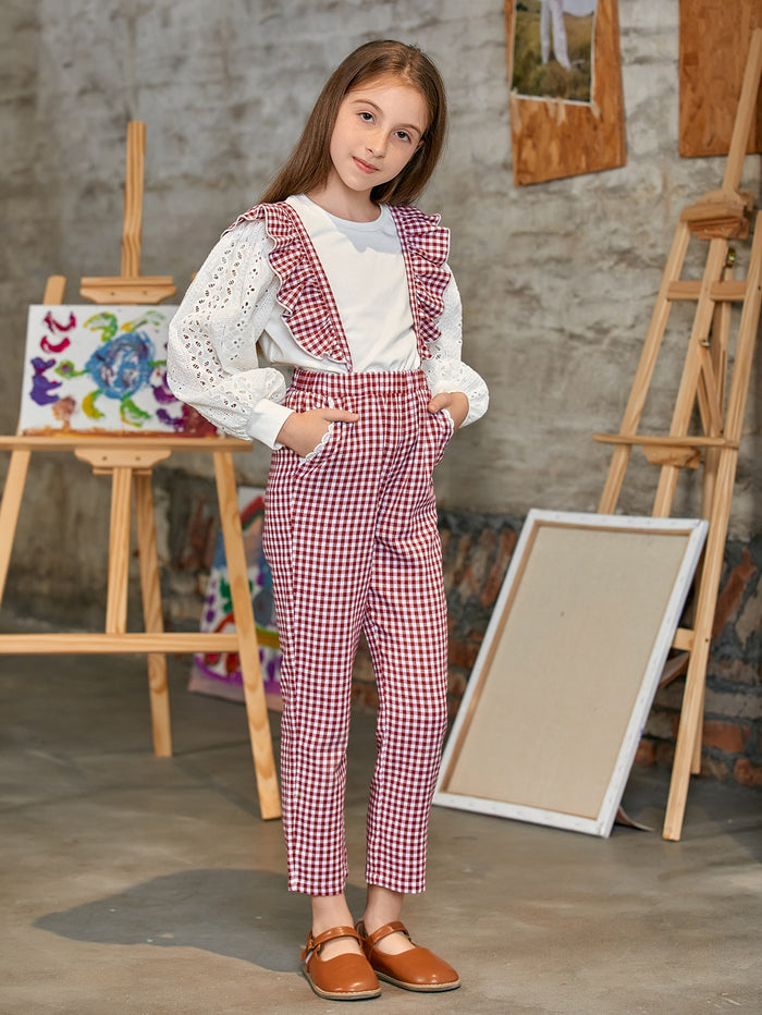 Girls Ruffle Detail Contrast Lace Slant Pocket Gingham Overall Jumpsuit