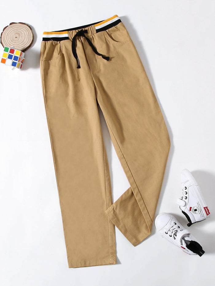 Boys Striped Pattern Drawstring Waist Straight Leg Pants