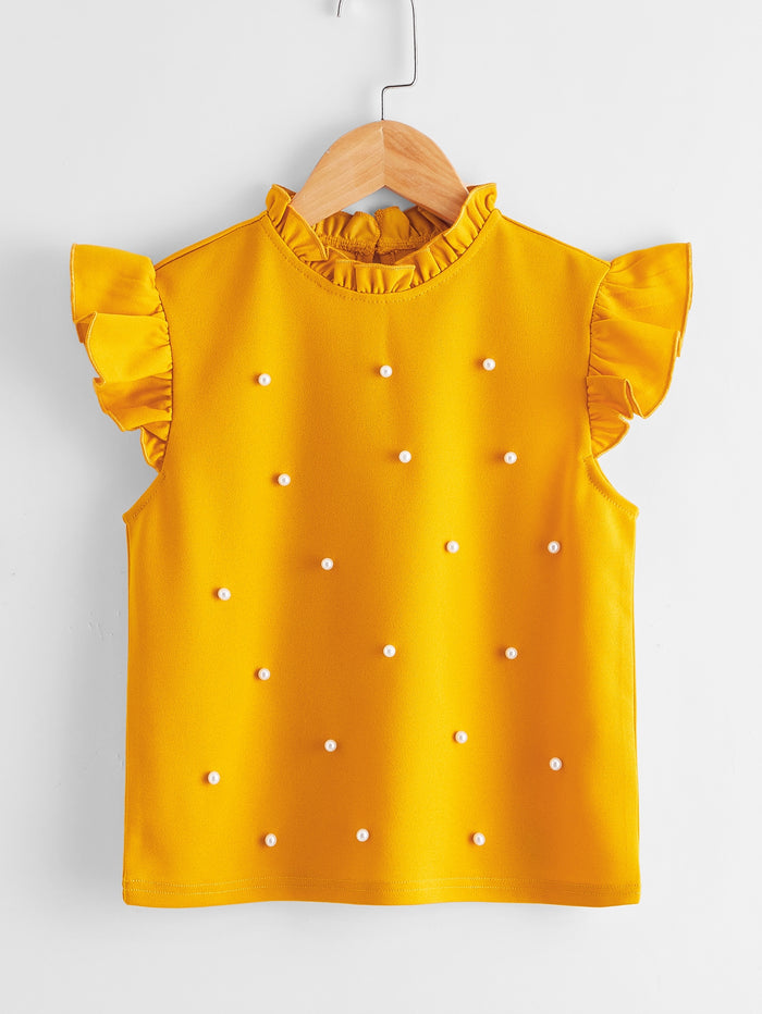 Girls Frill Neck Ruffle Armhole Pearls Beaded Top Yellow