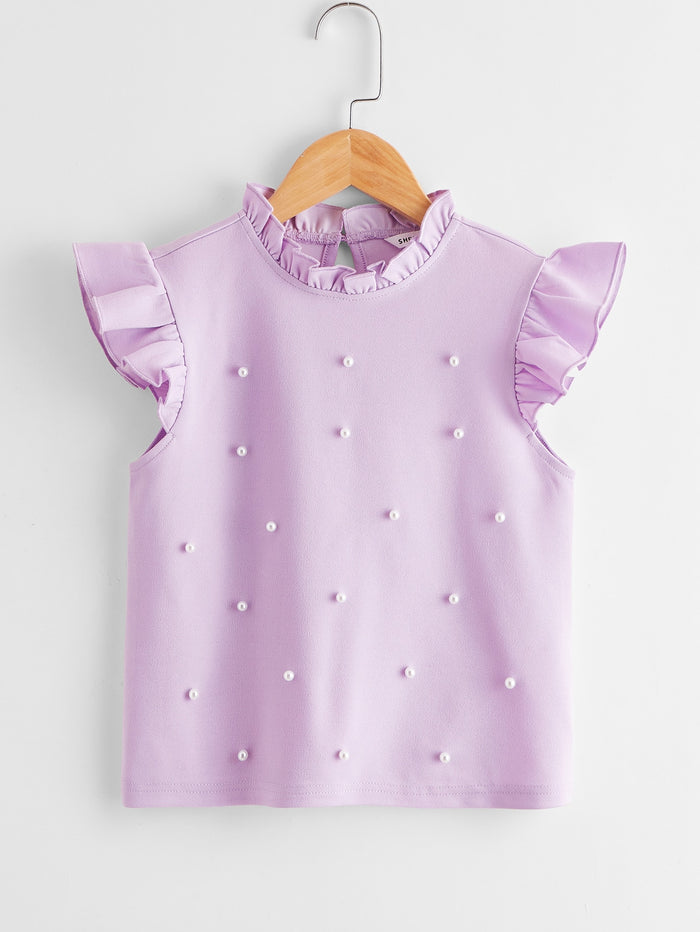 Girls Frill Neck Ruffle Armhole Pearls Beaded Top Lilac Purple