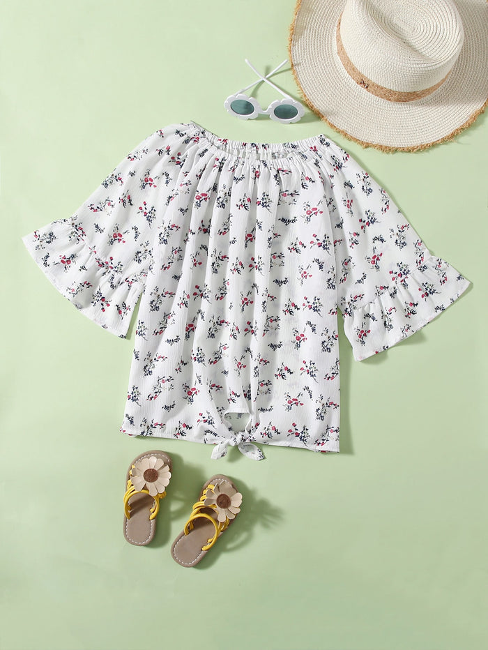 Girls Allover Floral Print Flounce Sleeve Knot Hem Blouse