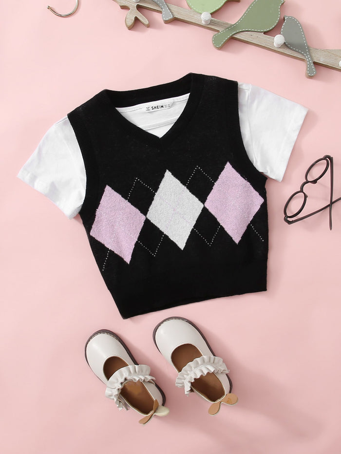 Girls V-neck Geo Sweater Vest Without Tee