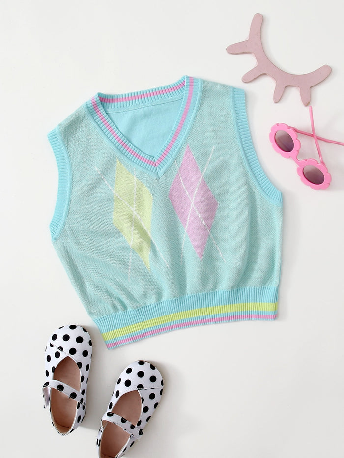 Girls V-neck Striped Trim Sweater Vest