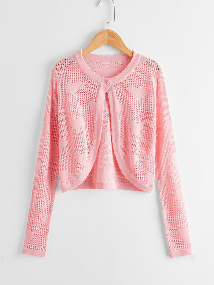 Girls Single Button Front Heart Cardigan