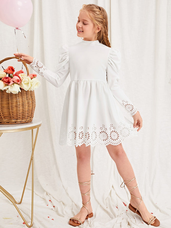 Girls Gigot Sleeve Laser Cut Scallop Edge Dress