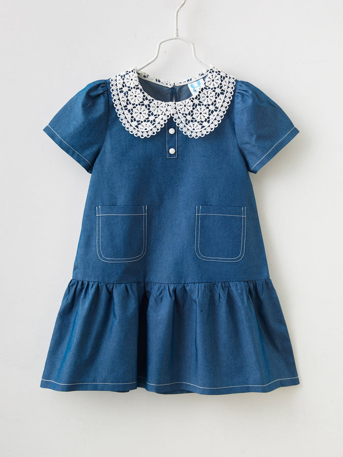 Girls Contrast Lace Ruffle Hem Denim Dress