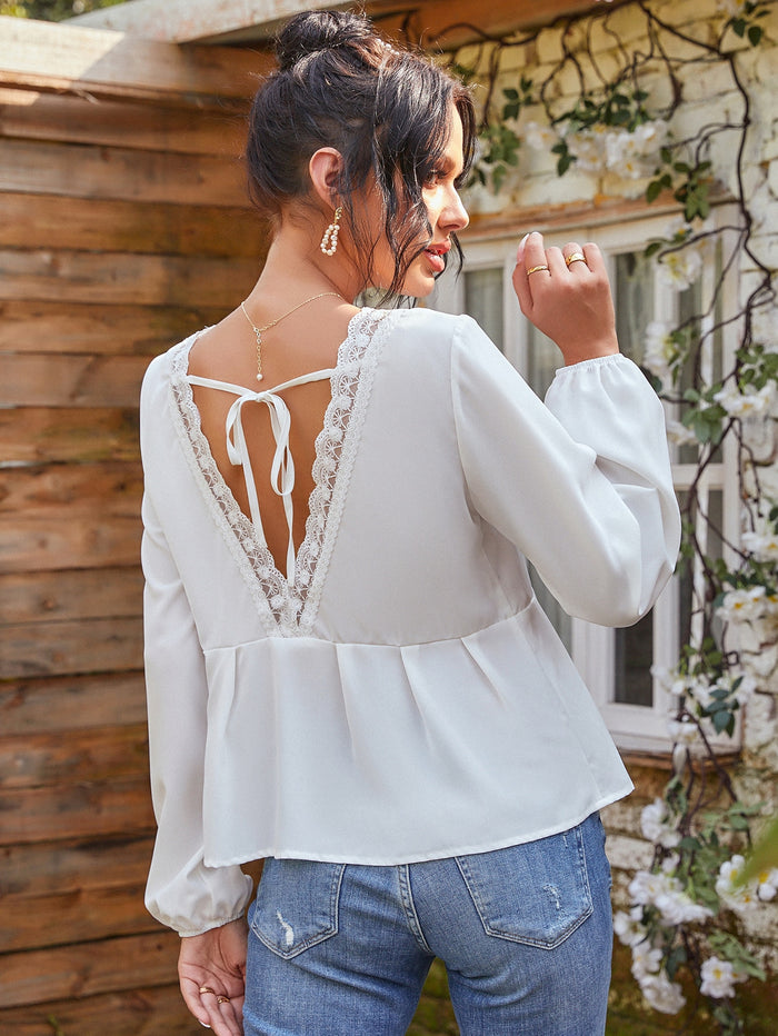 Lace Panel Tie Back Peplum Chiffon Blouse