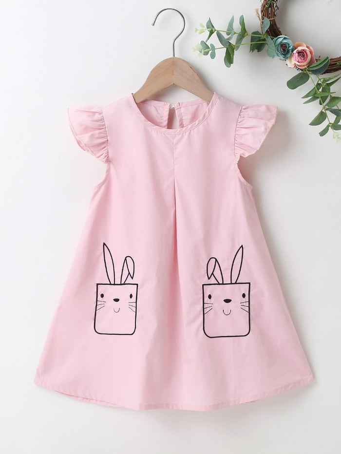 Toddler Girls Cartoon Embroidery Ruffle Cuff Dress