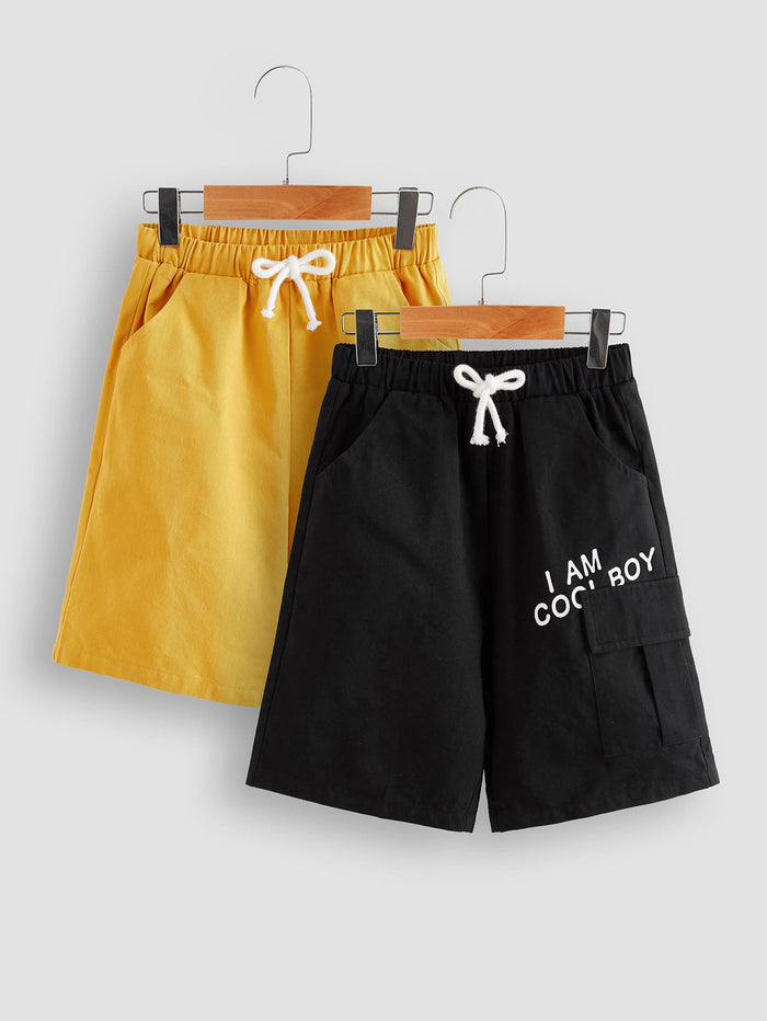 2 pcs Boys Drawstring Waist Slogan Graphic Shorts