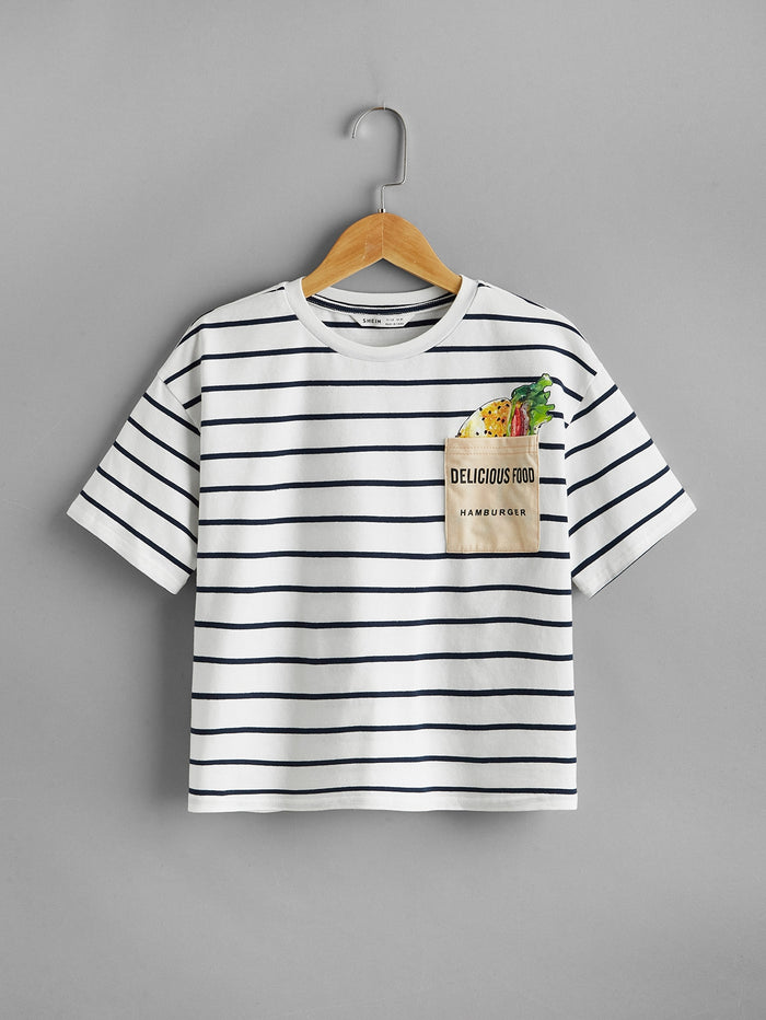 Boys Slogan Graphic Pocket Striped Tee