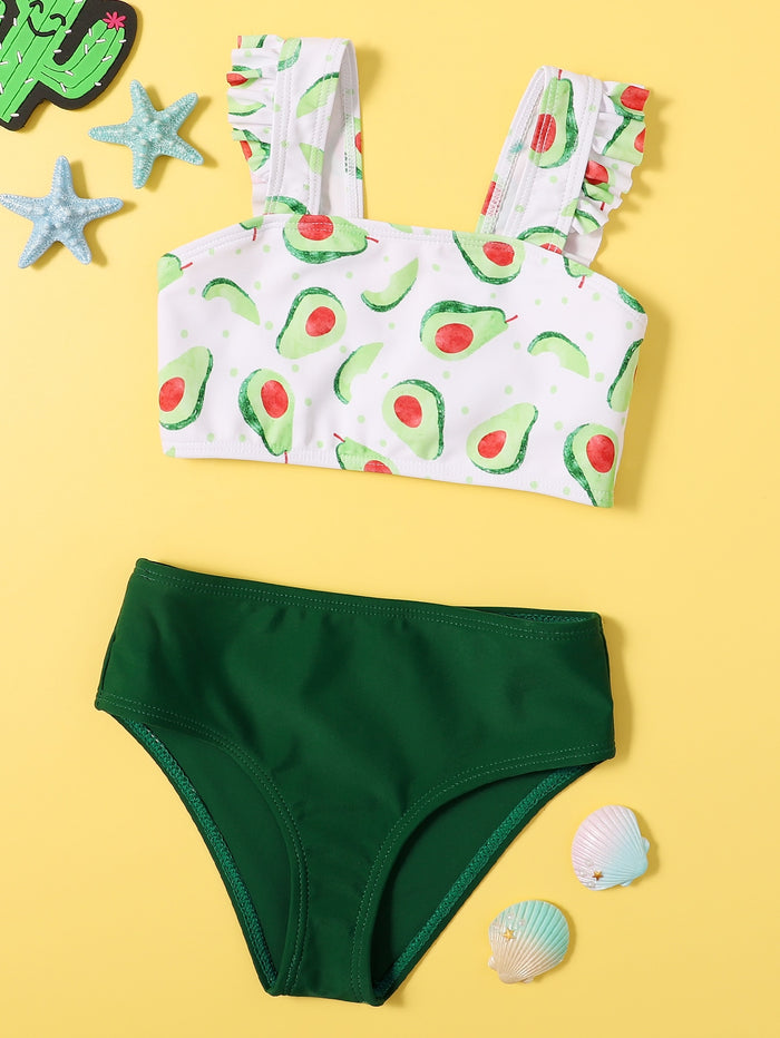 Toddler Girls Avocado Print Ruffle Bikini Swimsuit