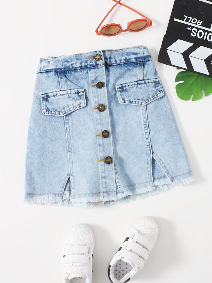 Girls Button Front Raw Hem Denim Culotte Shorts